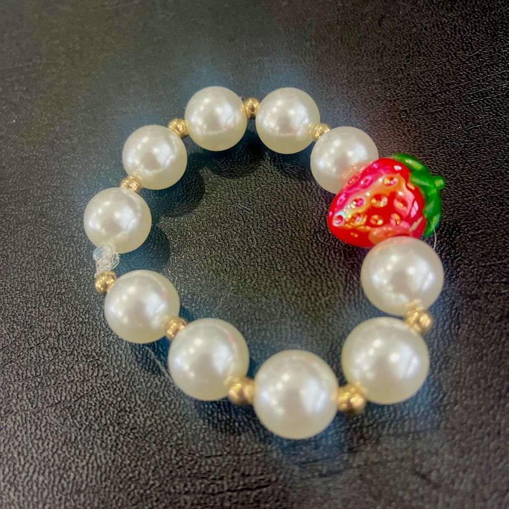 Pearl Bead Bracelet with Red Strawberry Charm